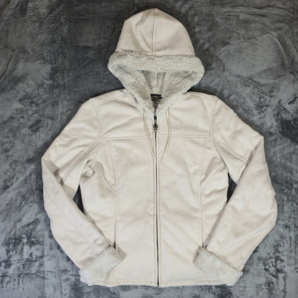 Vintage Y2K Harley Davidson Beige Faux Fur Full Zip Hoodie Sz Med Rhinestone